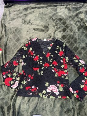 Fashion Bug Black Lace Wrap Blouse with Red & Pink Floral Print